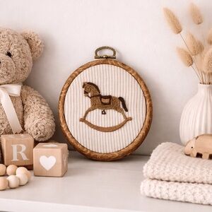 Embroidered Rocking Horse Hoop Wall Art - Neutral Brown & Cream